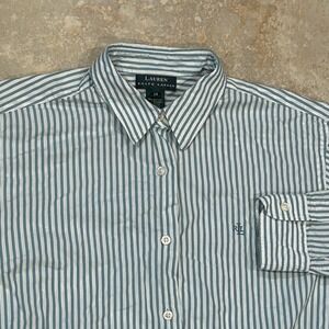 Lauren Ralph Lauren Shirt Women 14 Blue White Striped Cotton Long Sleeve Button